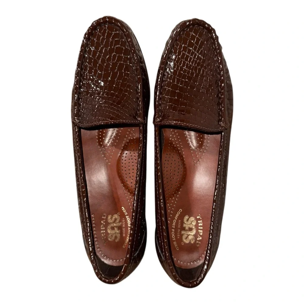 SAS Tripad Simplify Brown Patent Crocodile‎ Embossed Leather Loafers Women's 7.5